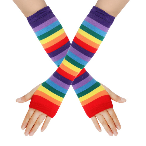 Cross-border rainbow knitted gloves colorful striped sleeves European and American proud colorful holiday party party gloves cosp