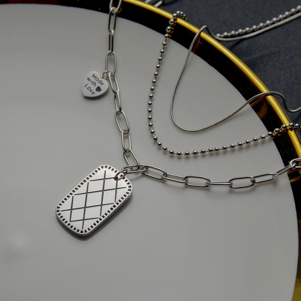 Cold Style Square Brand Mesh Fashion Necklace Titanium Steel Multi-layer Twin Clavicle Chain Special-interest Design Three-layer Letter Neck display picture 8