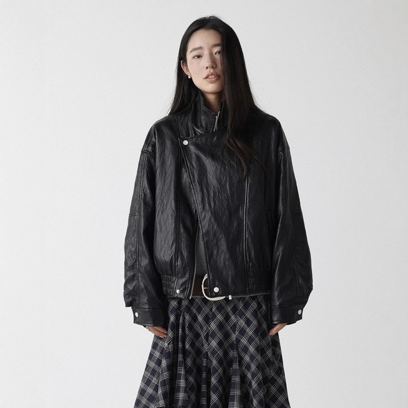 Autumn Leather Jacket Women's Loose Heavy Retro Silhouette Bubble Leather Bomber Jacket Stand Collar New Style