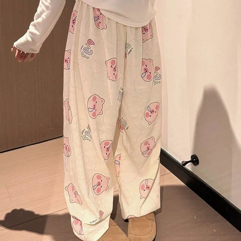 Long thin demi-season leisure trousers, loose fit, elastic waist, cute prints