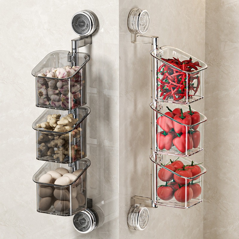 Kitchen suction cup storage box without punching onion, ginger and garlic wall-mounted rotatable bathroom cosmetic storage shelf