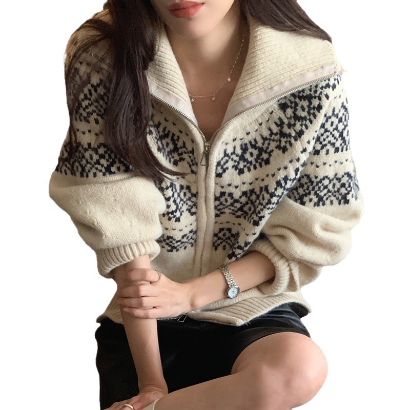 法式费尔岛提花毛衣女撞色春秋2025新款厚实开衫宽松显瘦软糯上衣|undefined