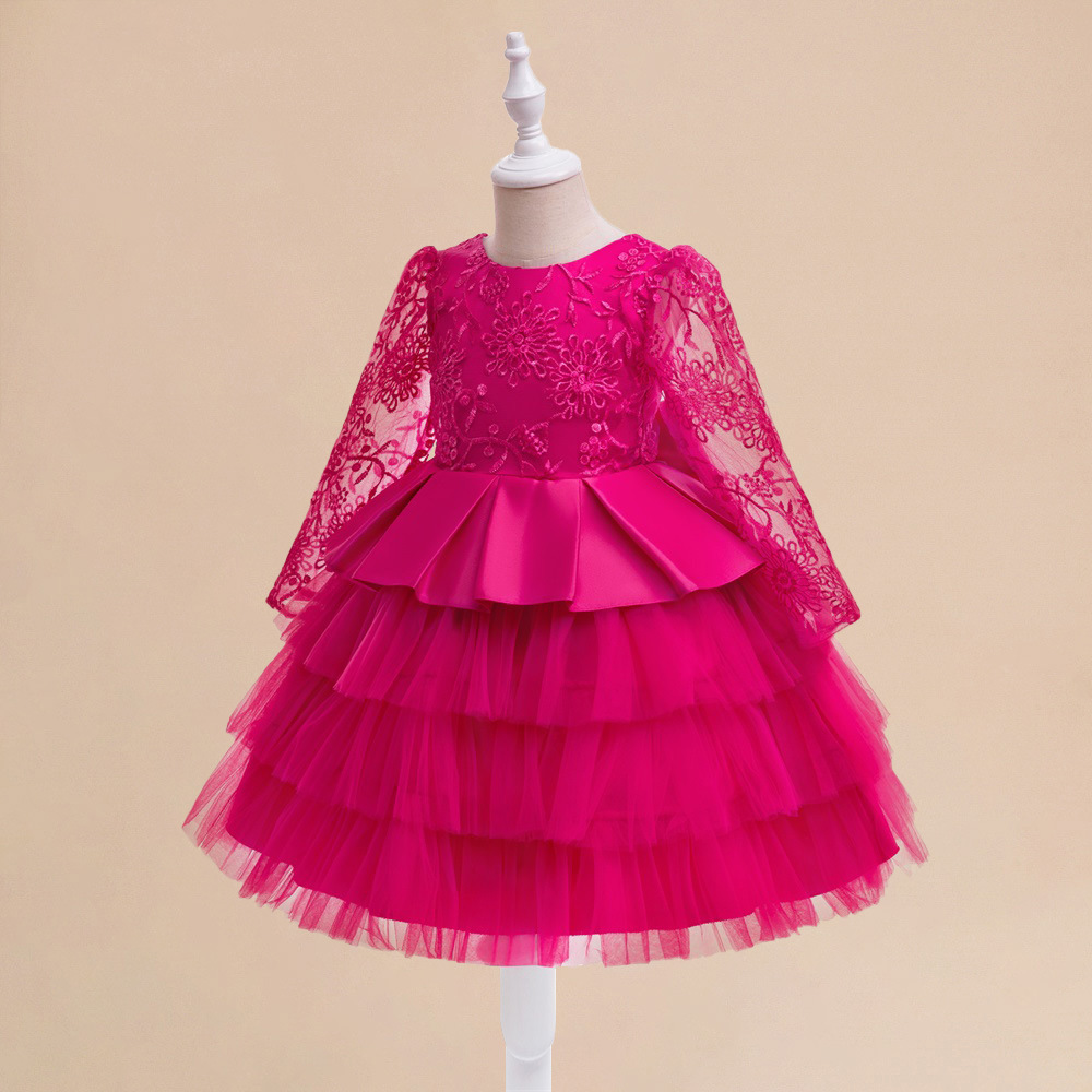 Europa y América vestidos de niños huecos mangas largas pastel vestido de fiesta infantil vestido de boda vestido de flores