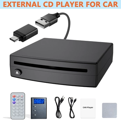 In-car CD player with USB connection, external CD player with FM transmitter and AUX output box