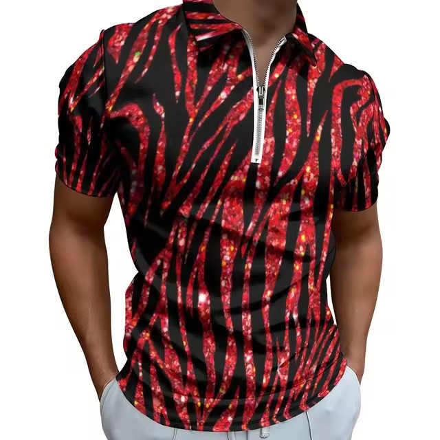 Camisa POLO con cremallera de manga corta suelta y transpirable con estampado 3D de graffiti a rayas irregulares de colores personalizados para hombres