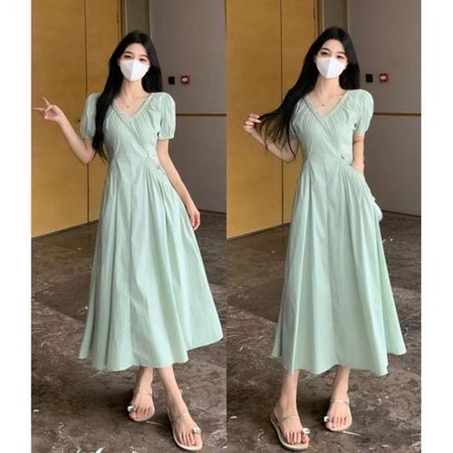 Summer Style Chic Unique Whitening V-Neck Bubblesleeve Dress New Slimming Tea Party French Waist Cinching Gentle Long Dress