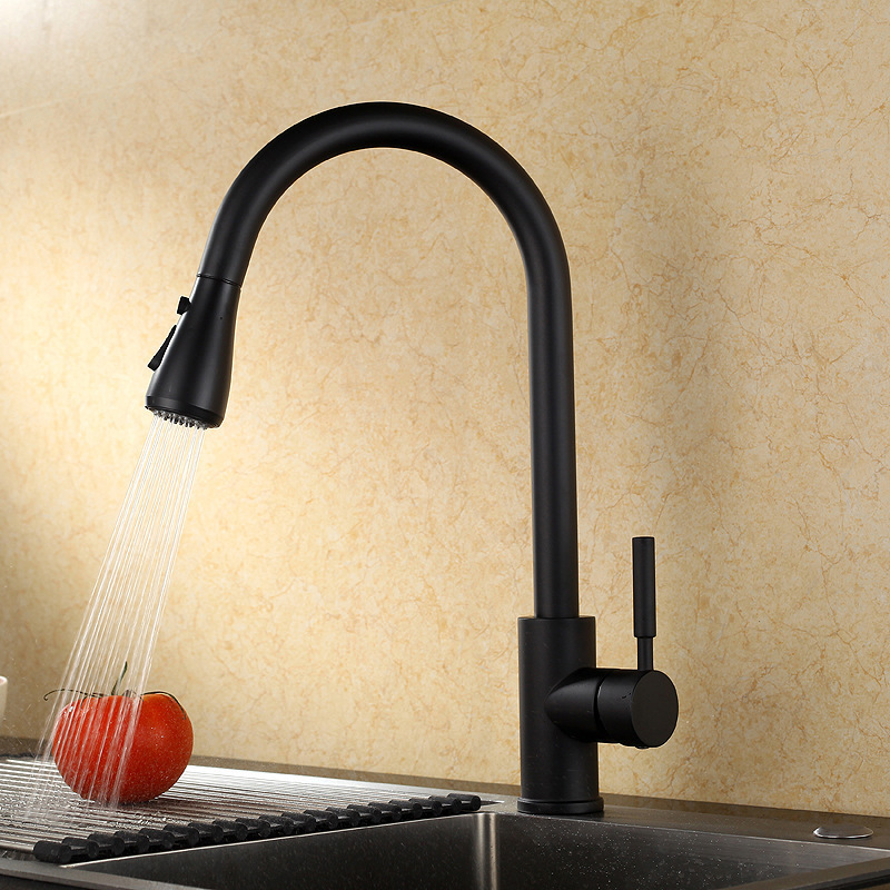 American All-Copper Black Pull-Out Kitchen Faucet Single-Hole Sink Faucet for Washing Vegetables with Hot and Cold Water Spray Head