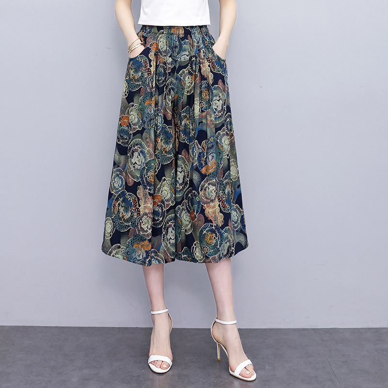 Summer New Pure Cotton Silk Wide-Leg Pants, Large Size Loose Cropped Pants, Middle-Aged and Elderly Mothers' Culottes, High-Waisted Thin Pants