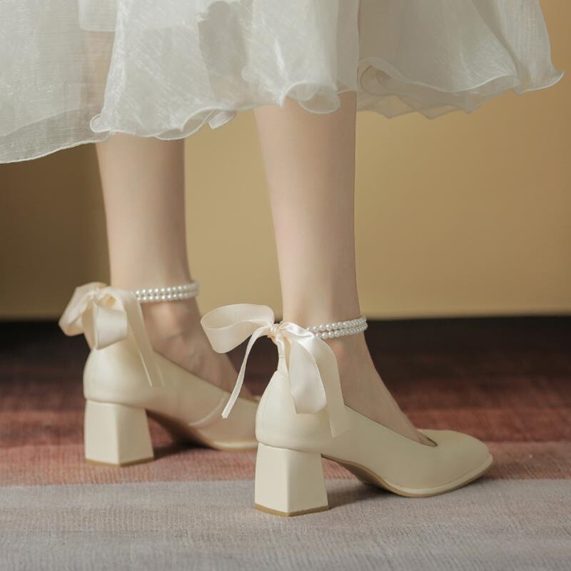Women's Mary Jane shoes, elegant and gentle style, 2025 spring and autumn new French mid-heel square-toed fairy-style high heels