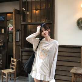 【广州150克彩虹麻】薄款微透防晒罩衫女夏宽松圆领长袖T恤印花上