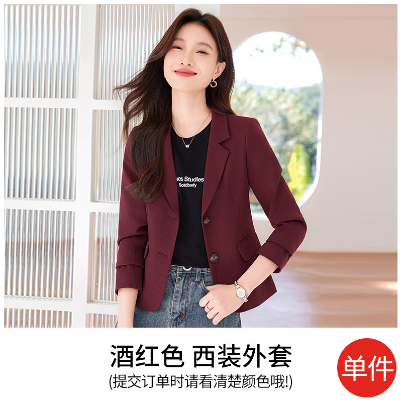 酒红色西装外套女款春秋2025新款今年流行爆款超火短款小个子上衣|undefined