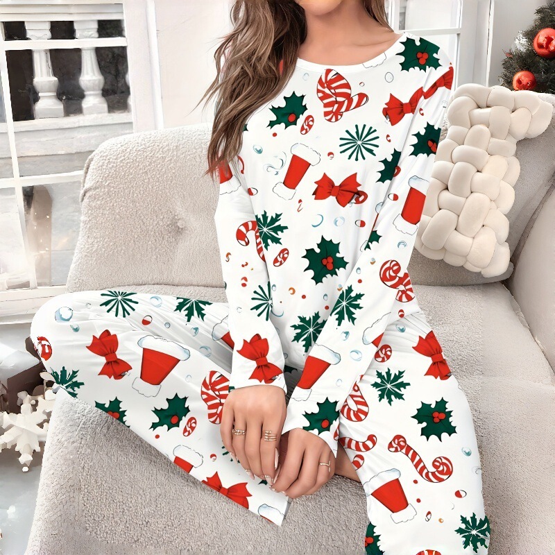 European and American Cross-Border Women's Christmas Comfortable Round Neck Printed Long-Sleeved Pants Elastic Waist Pajamas Set Women's Home Clothes