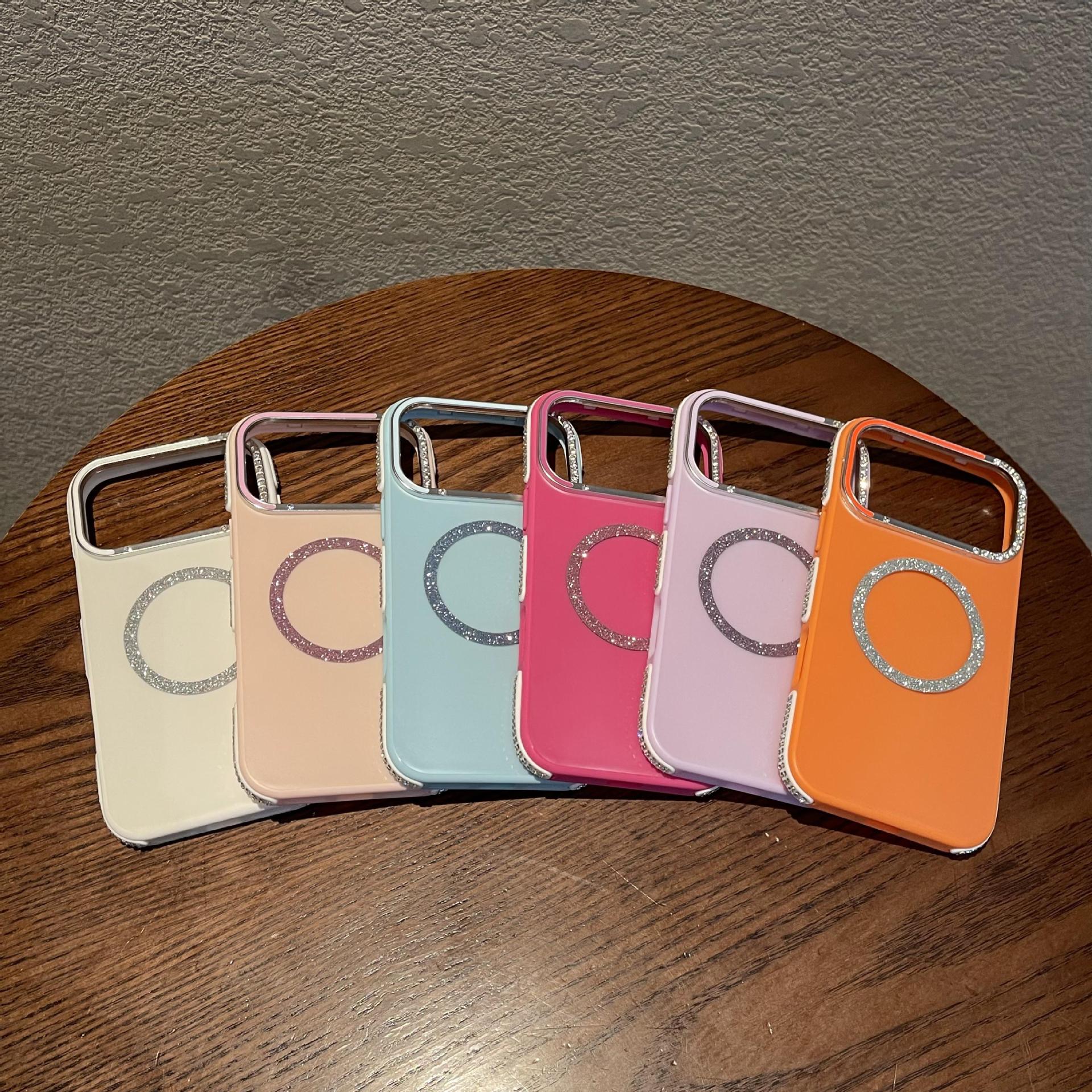 New Rose Red Sparkling Pink Diamond Border Phone Case For IPhone 17 Promax/16/15/14/13 Magnetic Anti Drop Protective Cover_voghion.com