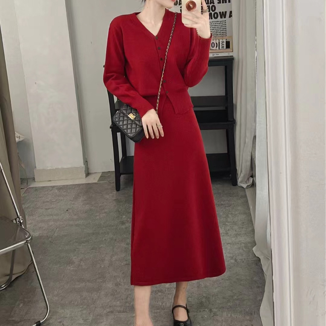 Temperamento piccolo profumo stile due pezzi donna primavera e autunno scollo a V cardigan lavorato a maglia linea A metà corpo lungo_voghion.com