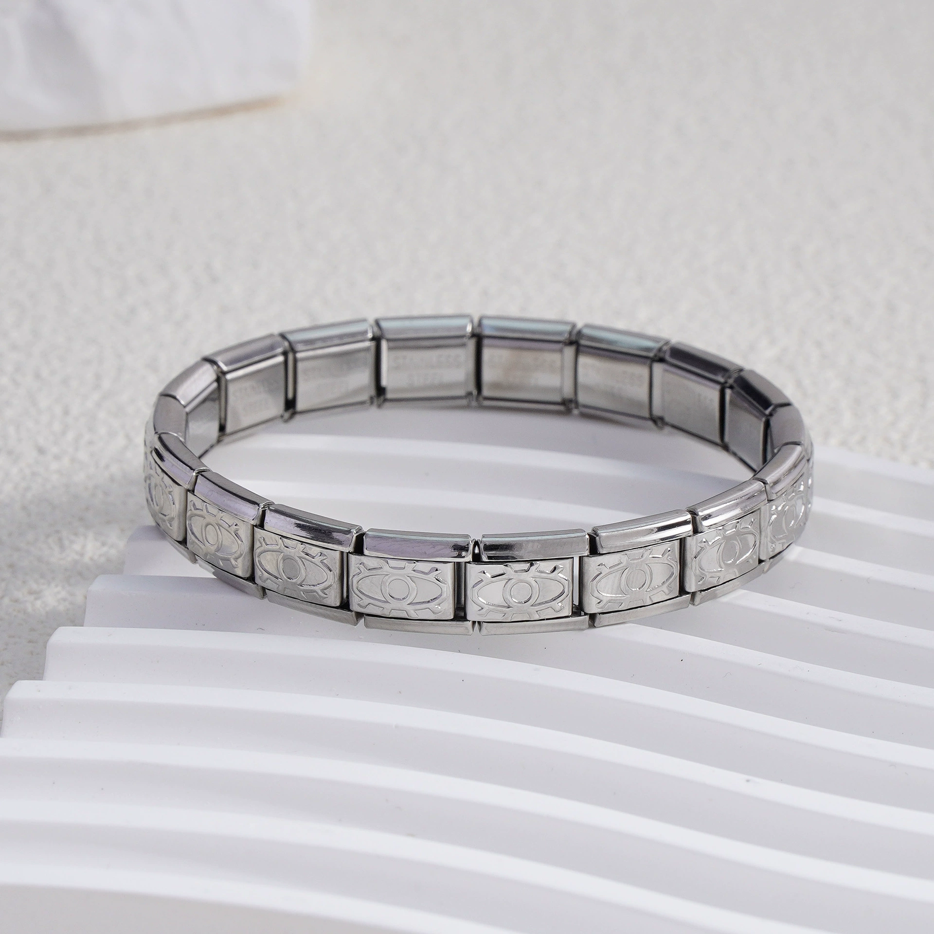 stainless steel bracelet, removable elastic link watch strap, italian european style, assorted charms