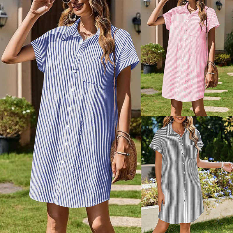 2025 Amazon cross-border foreign trade striped shirt dress Korean simple temperament long short sleeve skirt children 2025 Amazon cross-border foreign trade striped shirt dress Korean simple temperament long short sleeve skirt children