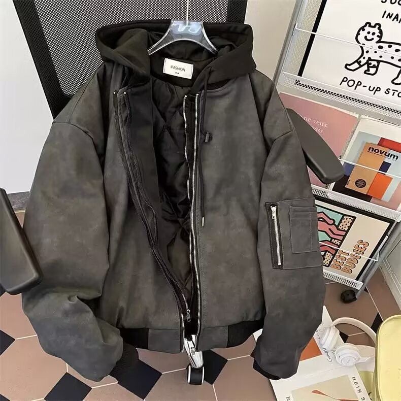 Spring and Autumn Two-Piece Leather Jacket for Men, Hooded, Vintage, Stylish, Casual, Trendy American High Street Japanese Retro Jacket