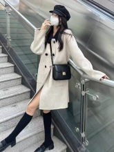 2025秋冬新款韩版撞色拼接双排扣毛呢外套女中长款赫本风呢子大衣