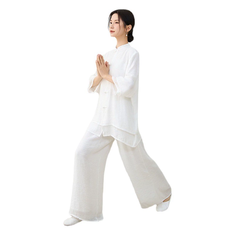 Новинка Весна/Лето 2025: Винтажный этнический костюм из хлопка и льна в стиле Дзен с воротником-стойкой, топом с рукавами три четверти и длинными брюками на резинке для женщин