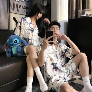 Japanese Couple Pajamas Women's Summer Ice Silk Short-sleeved Cartoon Cute Stiewell Men's Home Clothes suit Summer