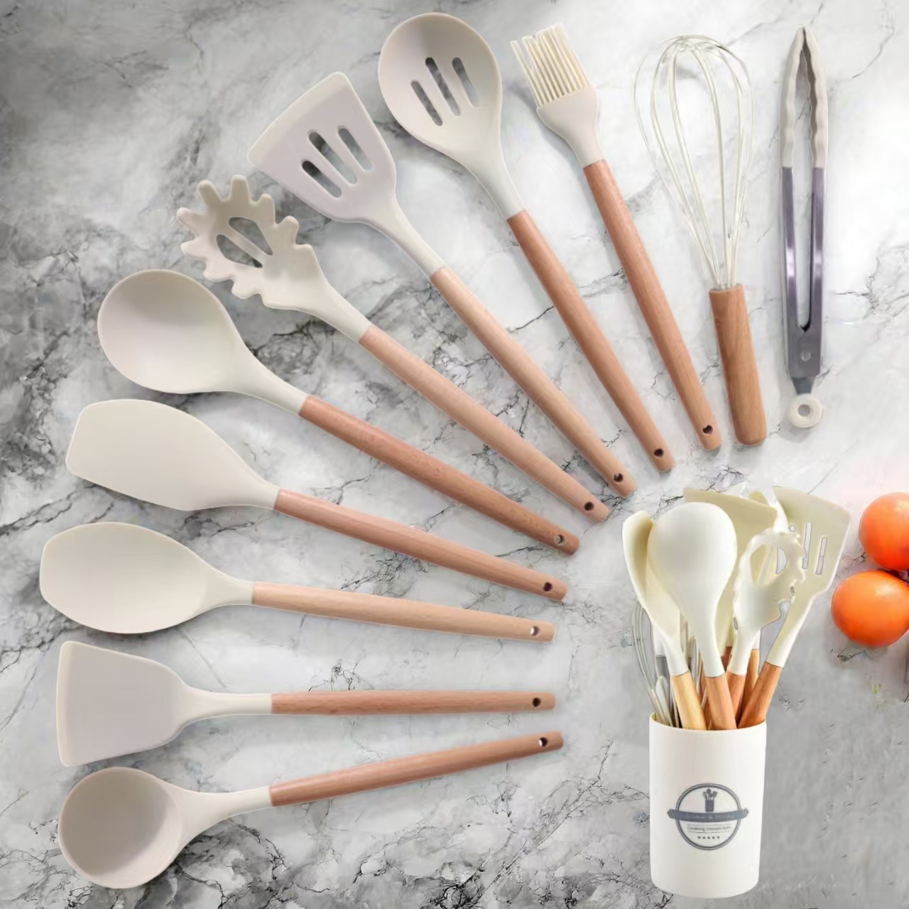 Juego de 12 utensilios de cocina de silicona con mango de madera, utensilios de cocina de silicona, sartén antiadherente, espátula y cuchara resistentes a altas temperaturas