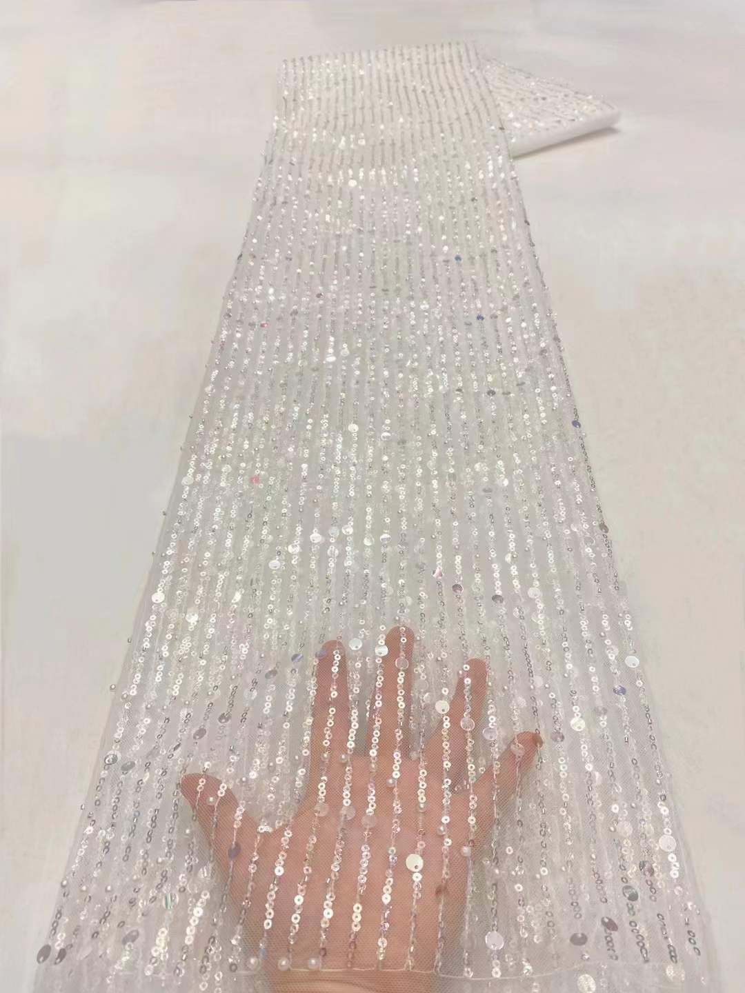 Tela de Malla Bordada a Rayas Verticales con Lentejuelas JX2729 Hilo de algodón para Ropa de Niños y Novia