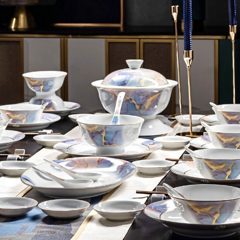 Fuyu Official Ceramics Jingdezhen High Temperature Tableware Set Accessible Luxury High-End New Chinoiserie Exquisite Household Dishes and Dishes