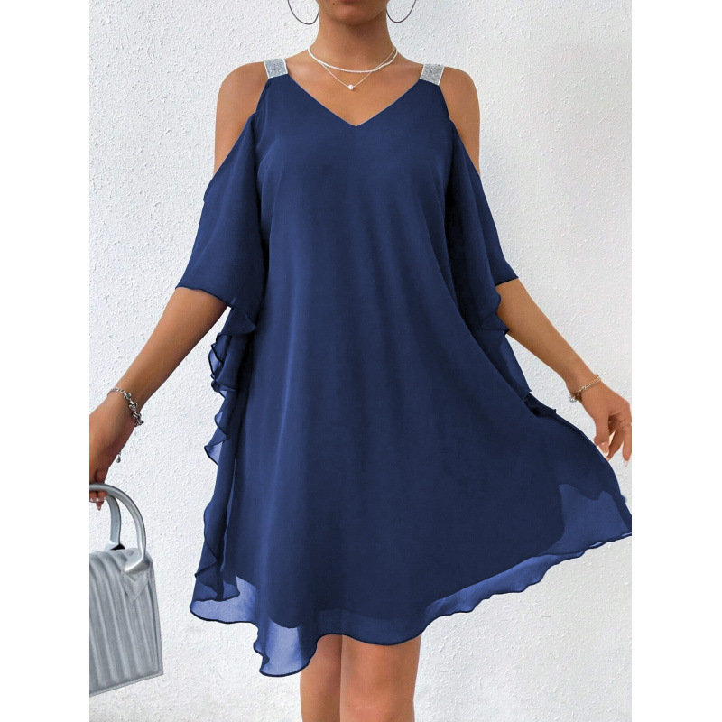 Elegant European and American Style Off-Shoulder Chiffon Solid Color Dress for Women in Summer Elegant European and American Style Off-Shoulder Chiffon Solid Color Dress for Women in Summer