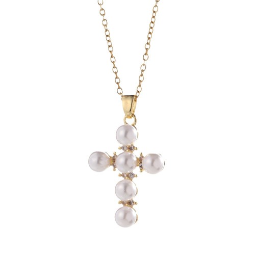 Copper Zircon Electroplated Real Gold Pearl Cross Necklace Pendant for Women — Trendy, Versatile, and Instagram-Worthy Design Inspired by Internet Celebrities
