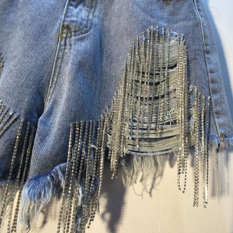 Damjeanshorts Sommarnytt genombrott med hög midja, strass, tofsar och kedjor, smal passform, raka shorts_voghion.com