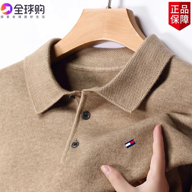 American genuine goods Tommy Cashmere Sweater Men's Long Sleeve Lapel Solid Color Embroidered Plus Size Knitted Base Sweater All-Match
