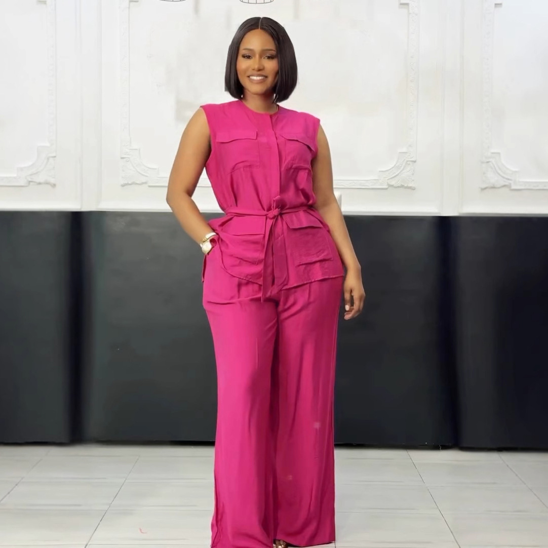 Elegant Sleeveless Vest & Wide-Leg Pants Set – Breathable Polyester Two-Piece Outfit (White/Pink/Yellow/Orange, S-3XL)​_ecoleips.com