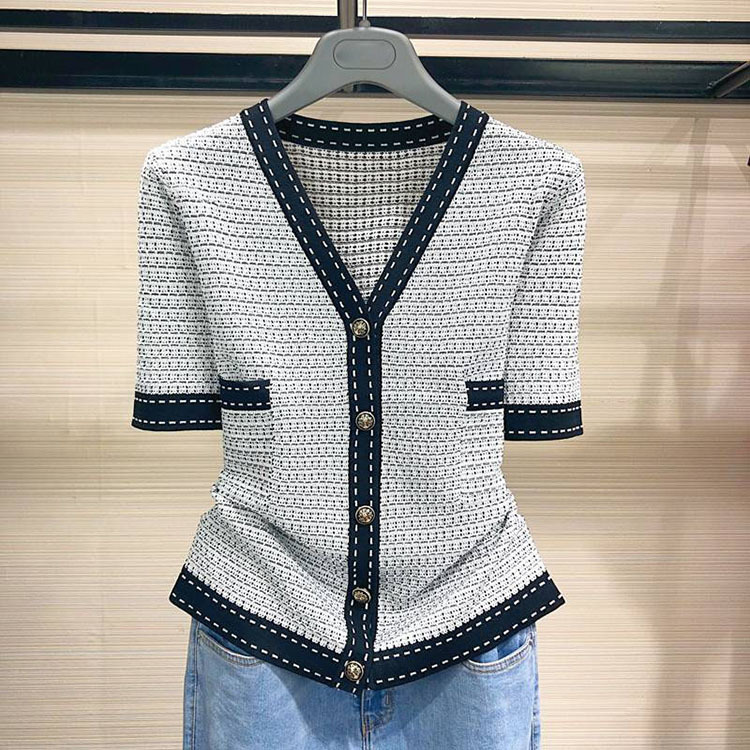Áo cardigan nữ cổ chữ V tay ngắn dệt kim phong cách tiểu thư — Màu xám chi tiết 4