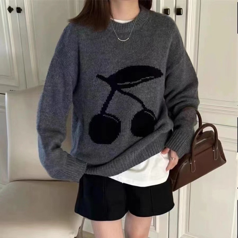 Gray round neck pullover soft glutinous Cherry sweater women's winter New Korean style wear lazy loose top