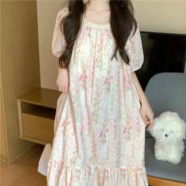 棉Korea夏季新款睡衣女连衣裙甜美简约宽松泡泡袖遛弯家居服睡裙