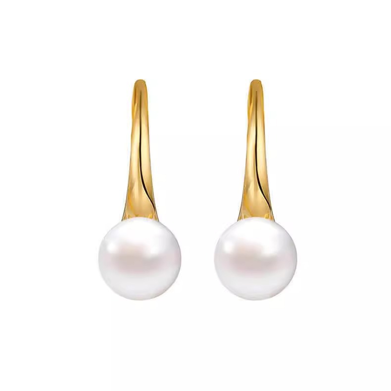 Round pearl S925 silver needle ear hook round pearl 8-14mm earrings high heels spoon-shaped simple and generous temperament