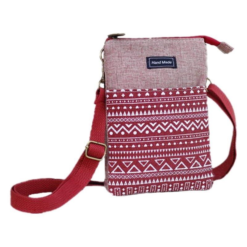 Ethnic White pattern 5-layer large screen crossbody Fabric mobile phone bag cosmetic bag fabric multi-layer Fashion Women's bag student small bag