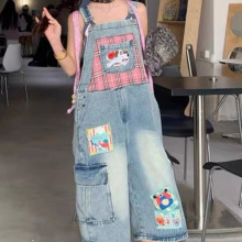 美式卡通贴补刺绣七分牛仔背带裤女2025夏季减龄宽松阔腿连体长裤