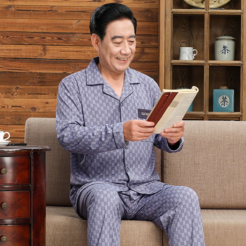 Pijamas de mediana edad y ancianos hombres 100% algodón primavera y otoño manga larga otoño e invierno más tamaño viejo papá traje de uso doméstico