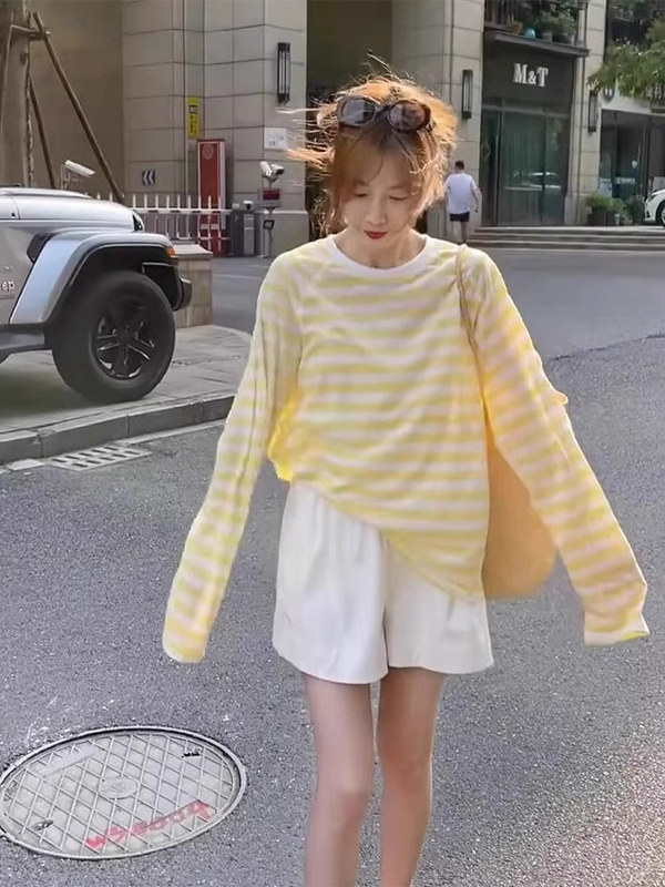 撞色条纹T恤女长袖2025夏季新款衣服休闲宽松薄款防晒衣罩衫上衣|undefined