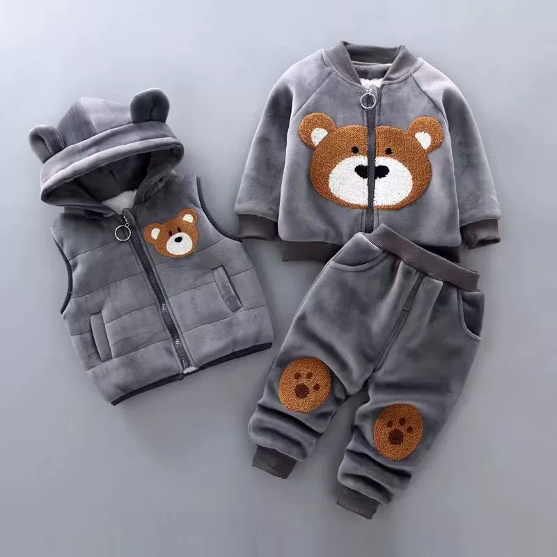 Демисезонный детский флис набор, 3 предмета, оптовый, 1–5 лет, с маленькими медведями