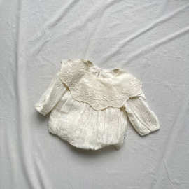 ins春款婴儿韩版爬服女宝宝长袖刺绣连体哈衣大翻领包屁衣爬爬服