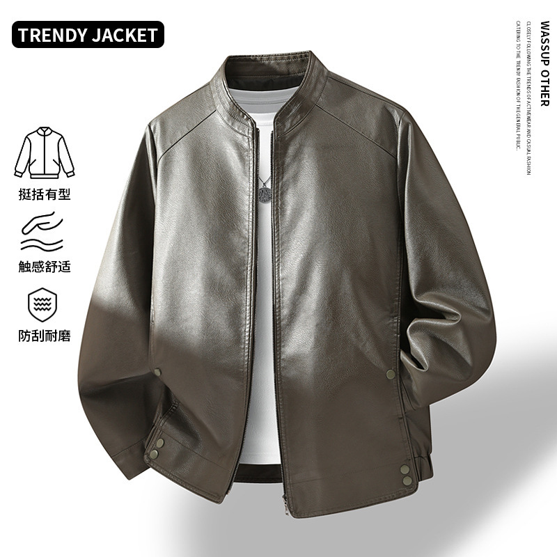 2026 New Model Large Size Men's PU Leather Jacket, Autumn/Winter Trendy Stand Collar Motorcycle Jacket, Workwear with Fleece Lining