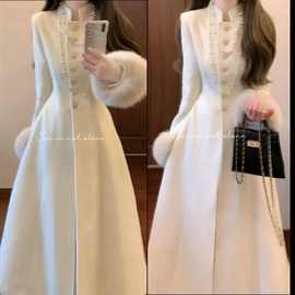 国风网红甜美可爱呢子大衣过膝风衣爆款气质名媛千金白色长外套