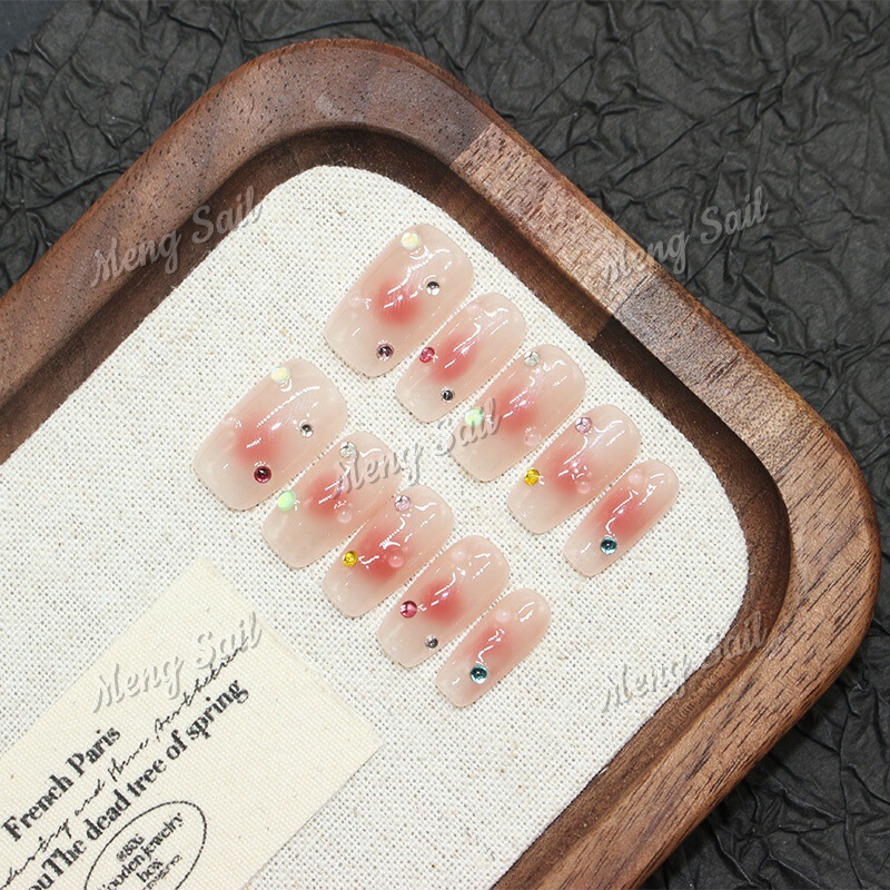【Blush Color Diamonds】Purely Handmade Wearable Nails, Cute Blush Nail Pieces with Small Diamonds, Brightening and Desirable High-End Nail Art