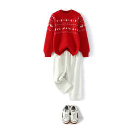 儿童羊毛衫男童秋冬本命年新年女童羊绒红色提花毛衣四平加厚宝宝