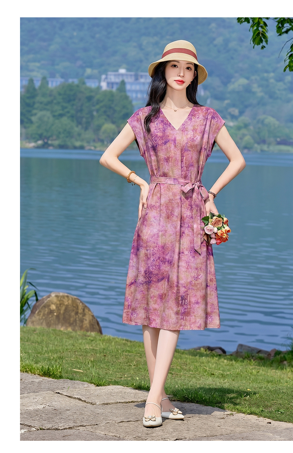 Đầm maxi nữ V cổ thắt eo họa tiết hoa nhí — xanh lam, màu vàng, màu đỏ chi tiết 12