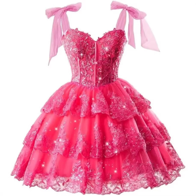Shiny Lace Appliqué Sequin Youth Homecoming Dress with Short Bow, Corset, Layered Tulle, Casual Style