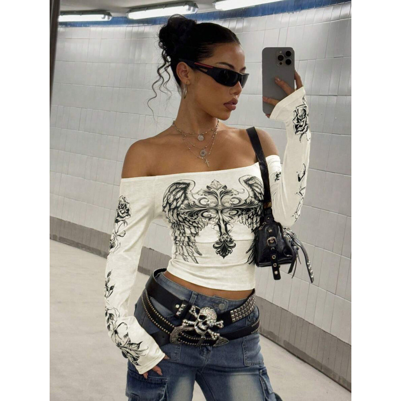 Foreign Trade New Cross-Border T-Shirts Street Style Heart-Shaped Printed Off-Shoulder Long-Sleeved T-Shirt