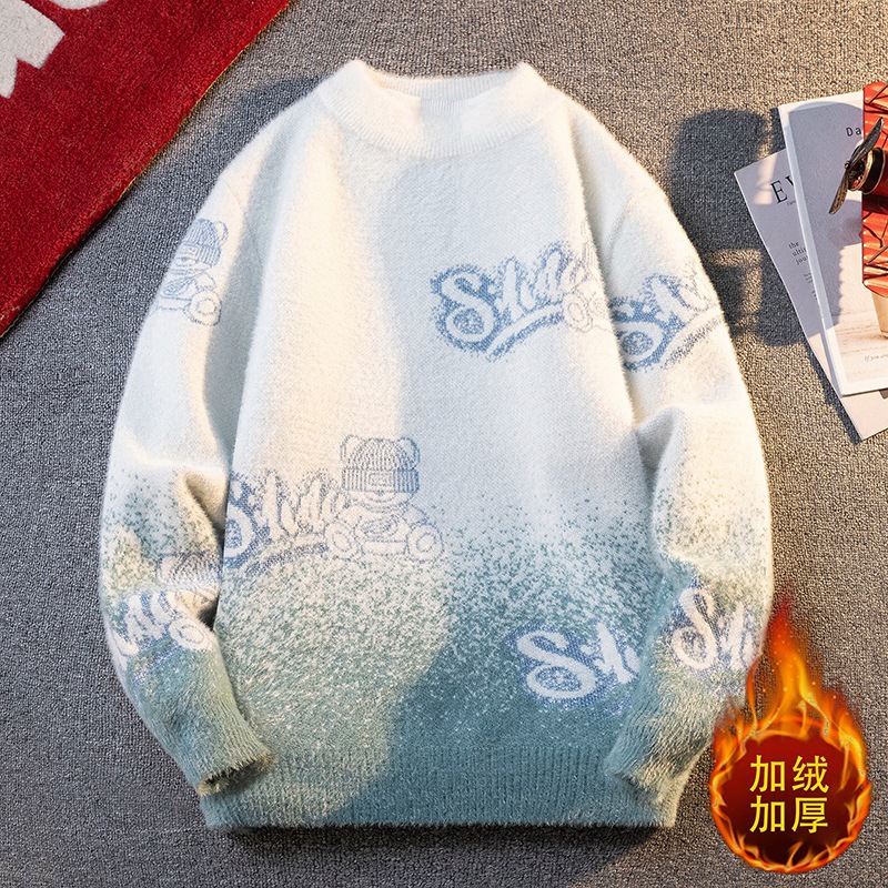 Winter Youth Sweater Men's Autumn and Winter Velvet Thickeneded Youth Boys' Sweater with Knitted Bottoming Shirt for Men